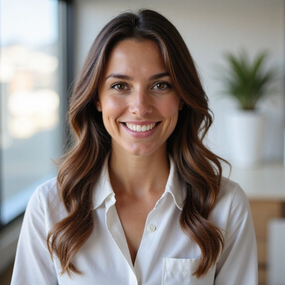 Retrato profesional de la Dra. Elena García, una nutricionista sonriente y amigable en un entorno luminoso.